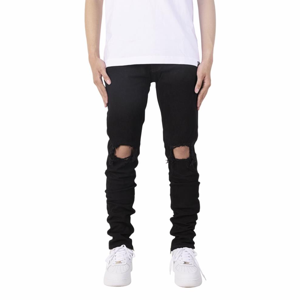 Quần jean nam streetwear cao cấp FNOS Z9 màu đen rách gối form slimfit có zip jean co giãn !