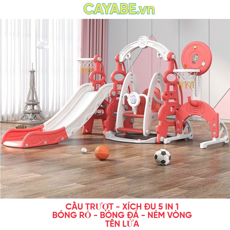 Cầu trượt - xích đu - bóng rổ - bóng đá - ném vòng hình tên lửa CAYABE cho bé màu xanh - hồng