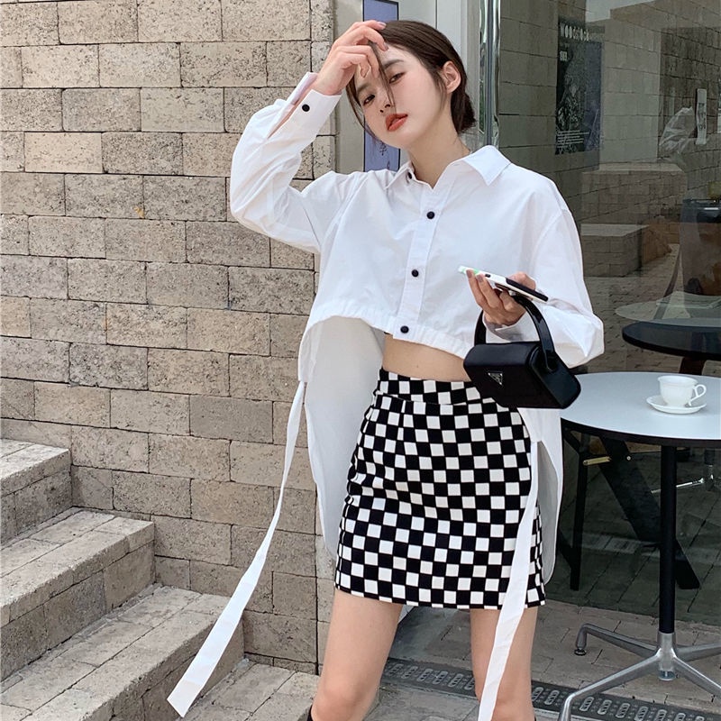 IELGY Áo Sơ Mi Dây Rút Rộng Đa Năng Phiên Bản Hàn Quốc Và Váy Kẻ Caro