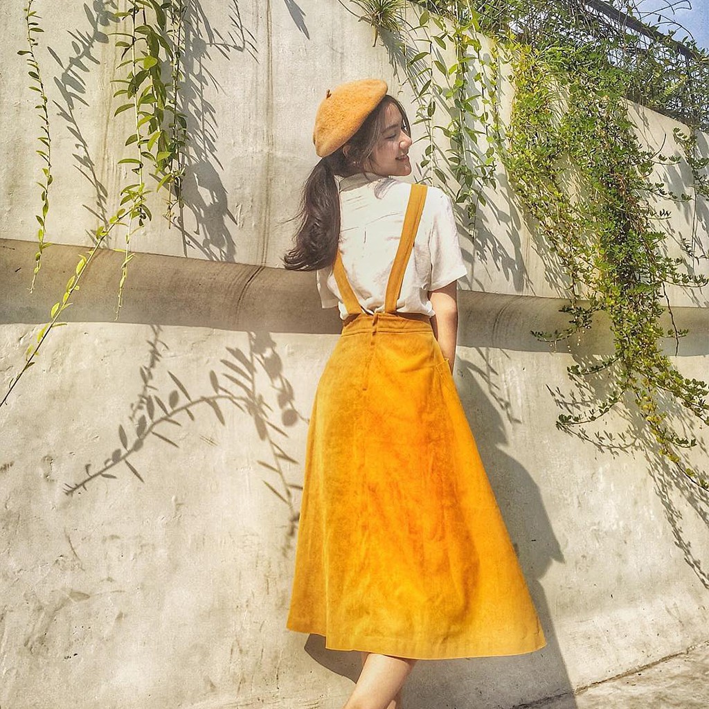 Set yếm yellow overall dress và áo sơ mi white basic