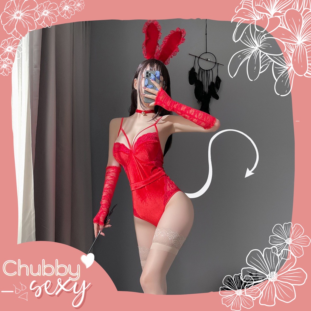 Cosplay Bé Thỏ Gợi Cảm - Bodysuit Nhung Có Bờm Tai Dài Và Vòng Cổ Kèm Cục Bông Kích Thích Quyến Rũ - BDS16 - Chubby.Sexy