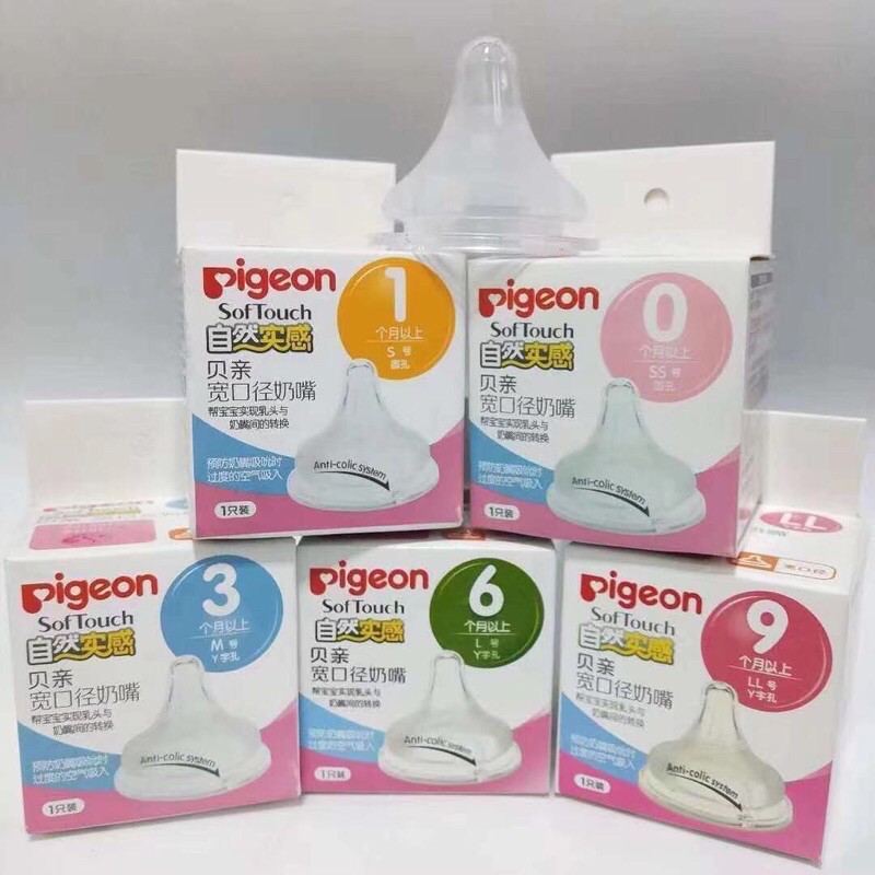 Núm Ti Pigeon Đủ Size SS/S/M/L/LL/LLL Dùng Cho Bình Sữa Pigeon Cổ Rộng PPSU Và Thuỷ Tinh 120/240 ML, Không BPA