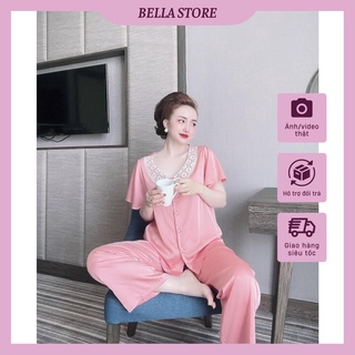 Đồ bộ pijama lụa đồ ngủ nữ áo nử cổ ren quần dài chất lụa satin mềm mịn form dáng rộng rãi đồ mặc nhà siêu xinh.