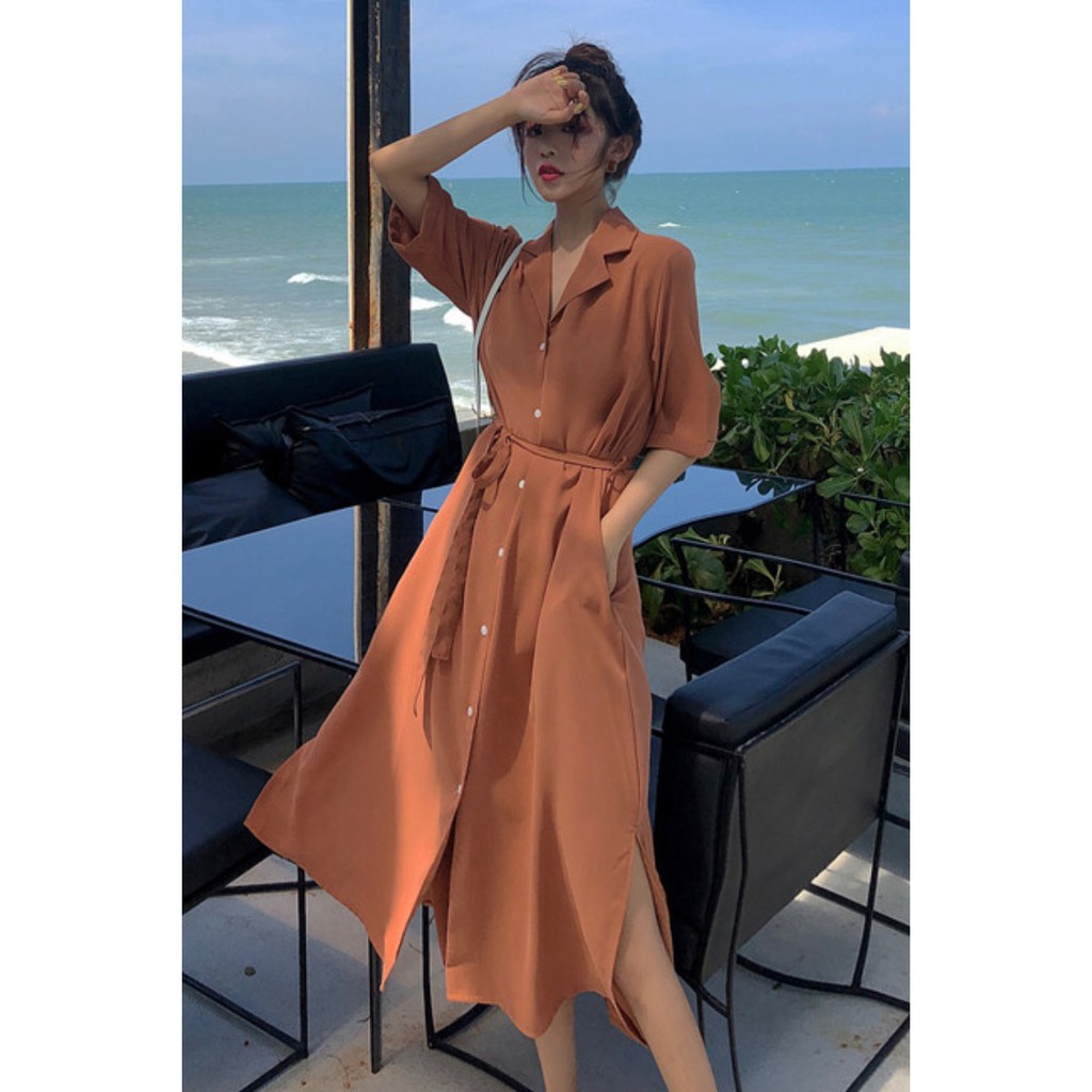 Váy sơ mi dáng dài vintage thắt eo cài khuy