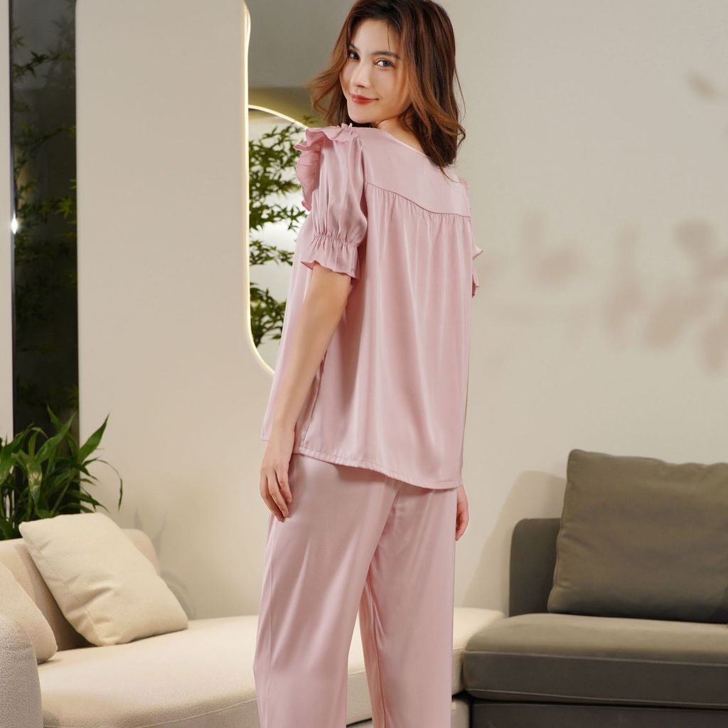 Bộ Đồ Ngủ Pijama Ngắn Tay Cổ Búp Bê Bằng Lụa Mát Phong Cách Công Chúa Dành Cho Nữ