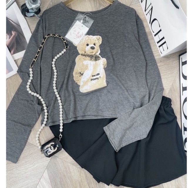 Set Bộ Áo Thun Gấu Croptop Dài Tay Quần Đùi Váy Màu Xám Áo Phông Giấy