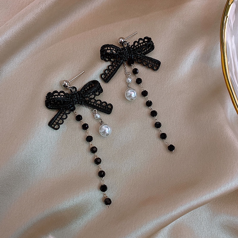 Khuyên tai tua rua màu đen đính nơ phong cách Hàn Quốc đơn giản hợp thời trang