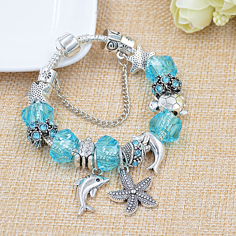 Dropshipping 5 Colors Ocean Starfish Dolphin Bead Bracelet DIY Crystal Charm Bracelets & Bangles Fashion Jewelry Gift