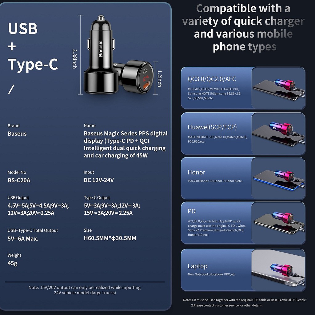 Tẩu Sạc Nhanh Xe Hơi Ô Tô Baseus Dual-USB &amp; Type-C (45W, Quick Charge 3.0, 4.0, PD3.0)