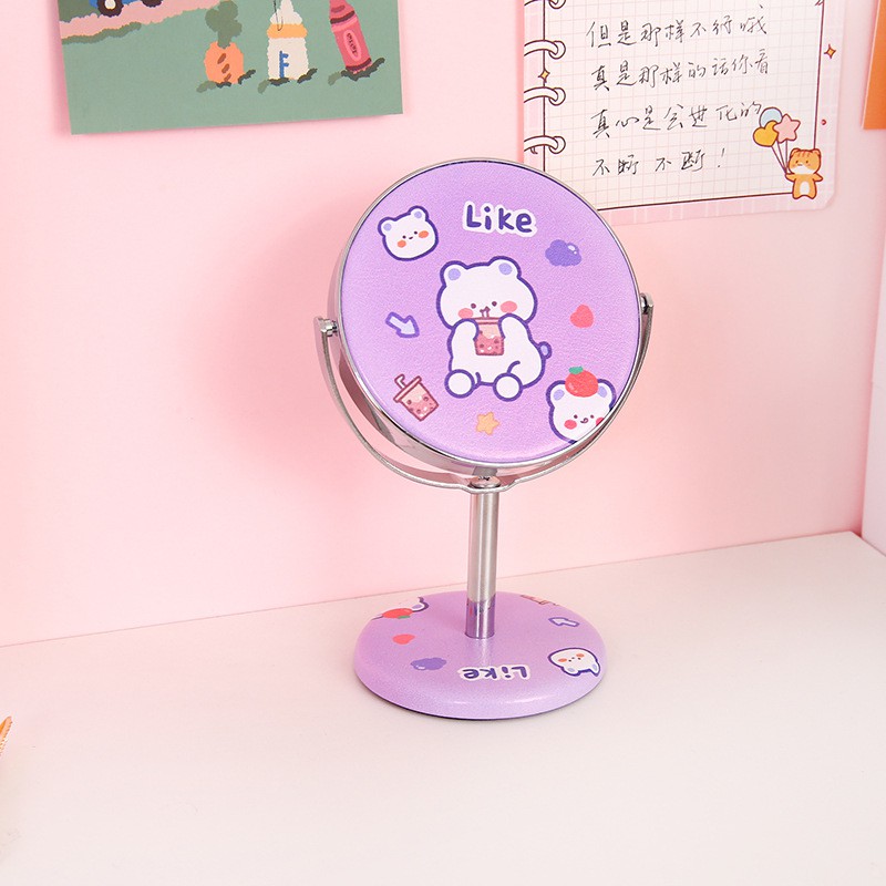 Gương Để Bàn Mini Tròn Xoay 360 Độ Nhiều Hình Dễ Thương Bằng Da PU