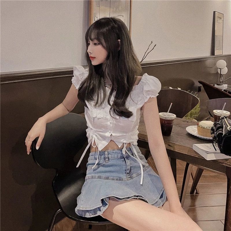 Jiashucheng Chân Váy Denim Lưng Cao Xếp Ly Xinh Xắn Dành Cho Nữ