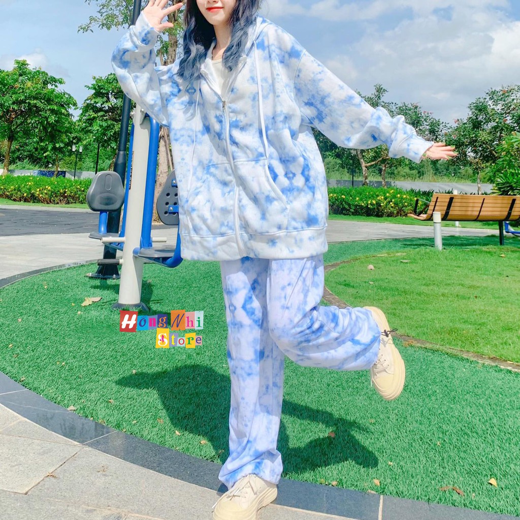 Set Bộ 3D Áo Khoác Hoodie Zip Loang Màu Kèm Quần Jogger Thun Dài Dây Rút Cao Cấp