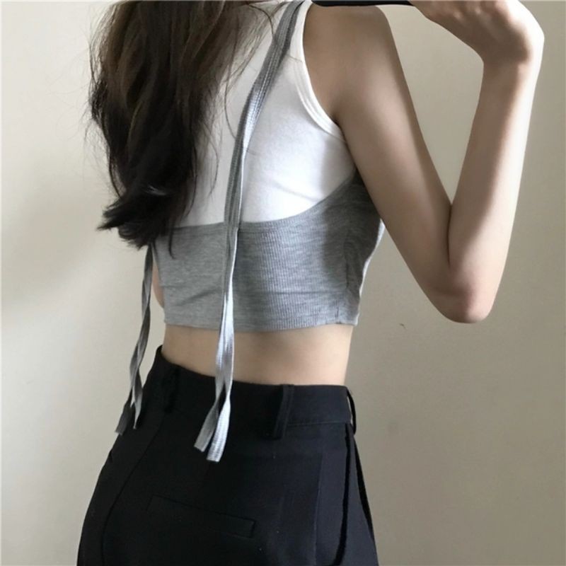 Áo ba lỗ phối màu và dây cách điệu dáng croptop ôm body cho nữ