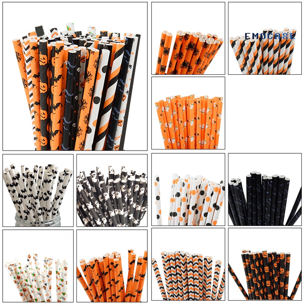 50 Ống Hút Giấy Dùng Một Lần Họa Tiết Halloween Bắt Mắt Tiện Dụng