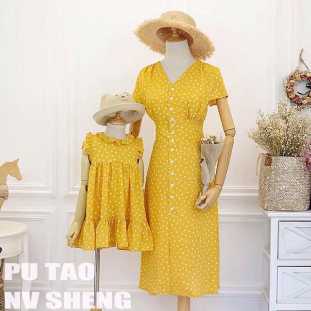 đầm đôi chấm bi xinh xắn mẹ và bé kèm ảnh thật chụp sàn
