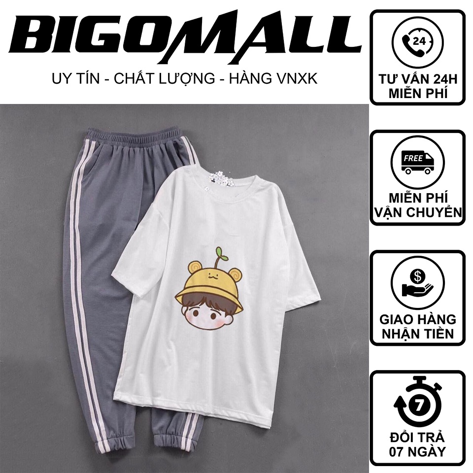 Sét áo phông mặt em bé mũ mầm + quần 2 sọc chun gấu full màu BIGOMALL