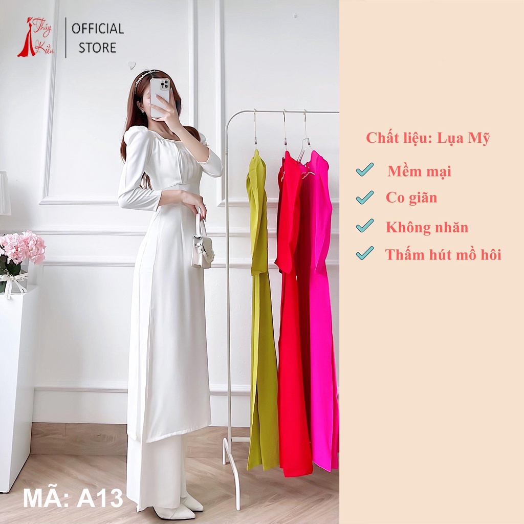 Áo Dài Cách Tân Nữ A13 Cổ Vuông Xếp Ly Tay Bồng Lụa Mỹ Trắng Cao Cấp Dự Tiệc Lễ Tết Đẹp