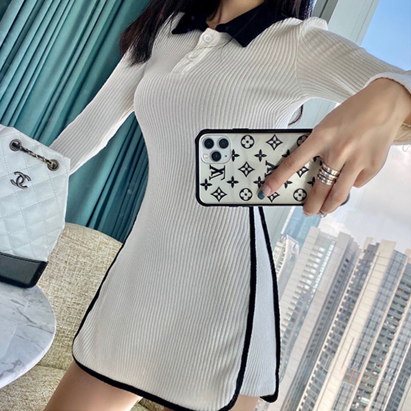 Váy thun len chữ A dài tay cổ polo thiết kế đơn giản thời trang mùa xuân cho nữ