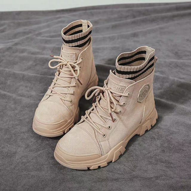 [HÀNG SẴN QUẢNG CHÂU] Giày Boots cổ chun kẻ sọc độn đế 4.5cm năng động cá tính chất lừ