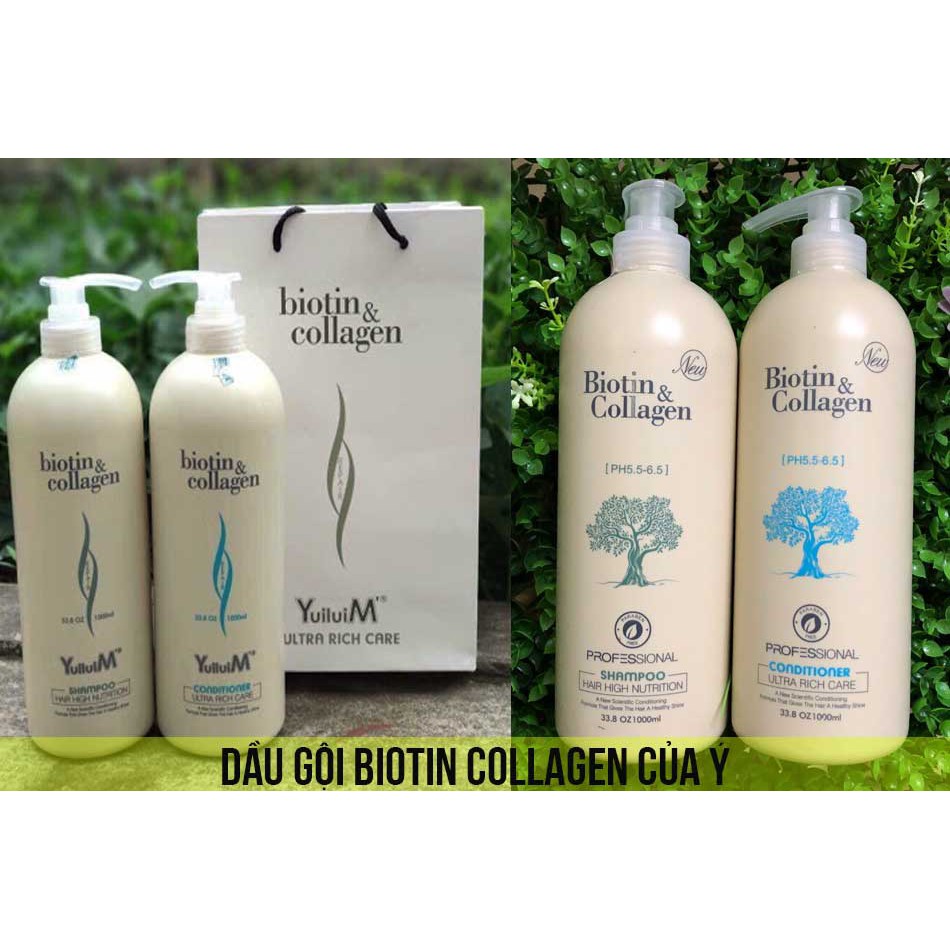 Dầu Gội COLLAGEN BIOTIN Trắng Giảm Rụng Tóc Phục Hồi Khô Sơ Hư Tổn Tóc Ý Cặp 500ml và 1000ml