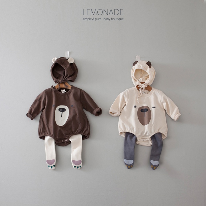Bộ Áo Liền Quần Cotton Tay Dài In Hình Gấu Hoạt Hình + Mũ Dễ Thương Cho Bé Sơ Sinh 0-24 Tháng Tuổi