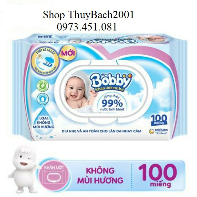 Khăn ướt bobby 100 tờ không mùi( nano bạc kháng khuẩn mới)