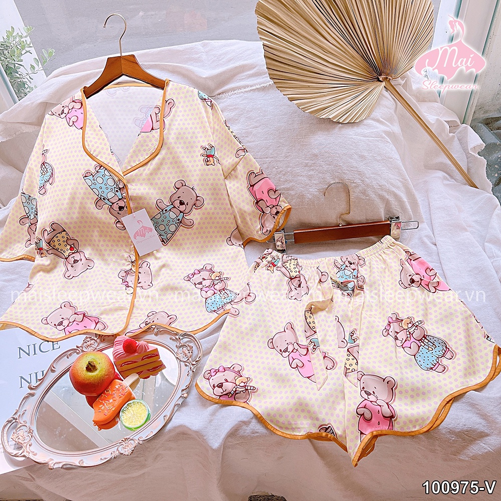 Bộ Đồ Ngủ Pyjama MAI SLEEPWEAR Lụa Mặc Nhà Áo Tay Ngắn Quần Ngắn Chấm Bi Gấu Phối Viền Trẻ Trung Cao Cấp MS975