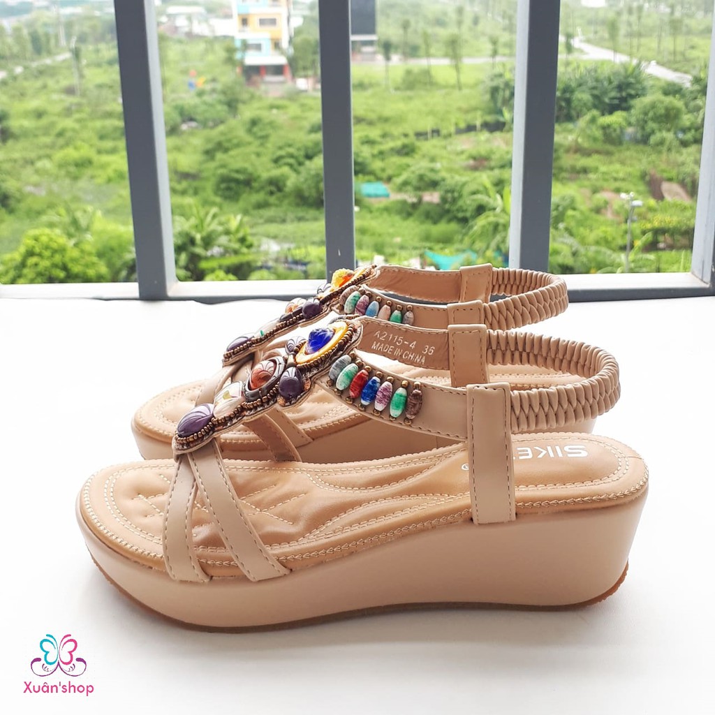 Sandal đế xuồng quai chéo, họa tiết thổ cẩm sang trọng, đế 5cm