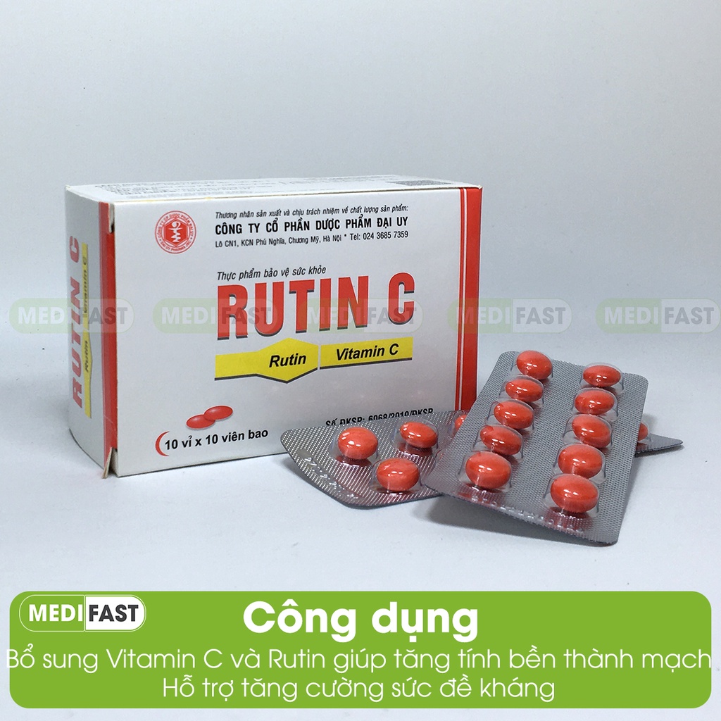 Bổ sung vitamin C, hỗ trợ phòng ngừa suy giãn tĩnh mạch, tăng sức đề kháng - Rutin C Đại Uy - Hộp 100 viên