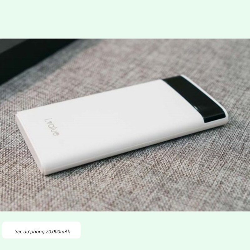 Sạc pin dự phòng 20000 mAh chính hãng ivalue 2 đầu ra 2 đầu vào. Nạp lại đơn giản bằng sạc điện thoại iphone, samsung.