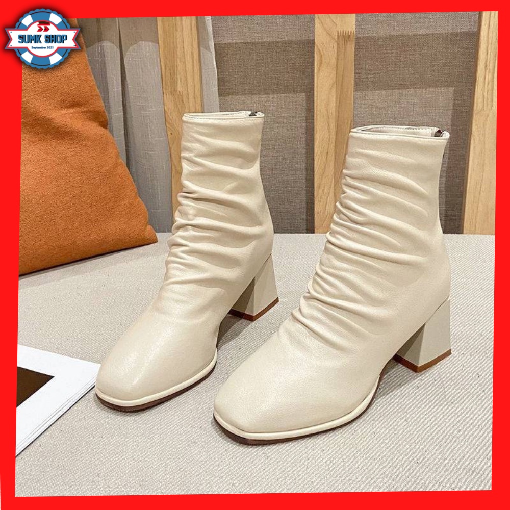 Boot cao cổ, giày bốt nữ cao cổ, bốt nữ nhăn da lì đế cao 5cm có khóa kéo phía sau tiện lợi form dáng đẹp, thời trang