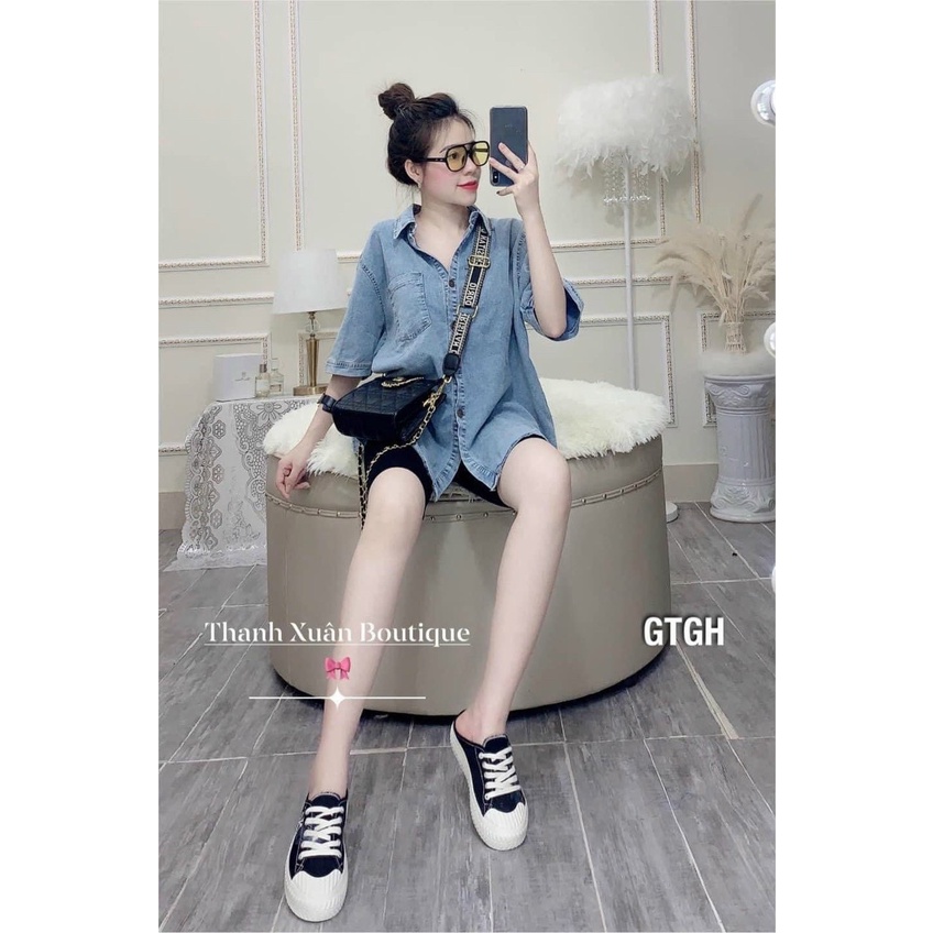 Áo sơ mi jean bò cộc tay dáng rộng cá tính, áo bò nữ tay ngắn có túi ngực