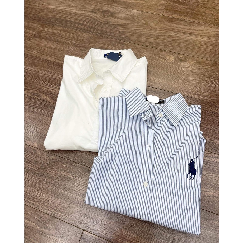 Áo sơ mi tay dài dáng rộng kẻ sọc dọc màu xanh dương nhạt thêu Hình  Ngựa phong cách Hàn Quốc 2022