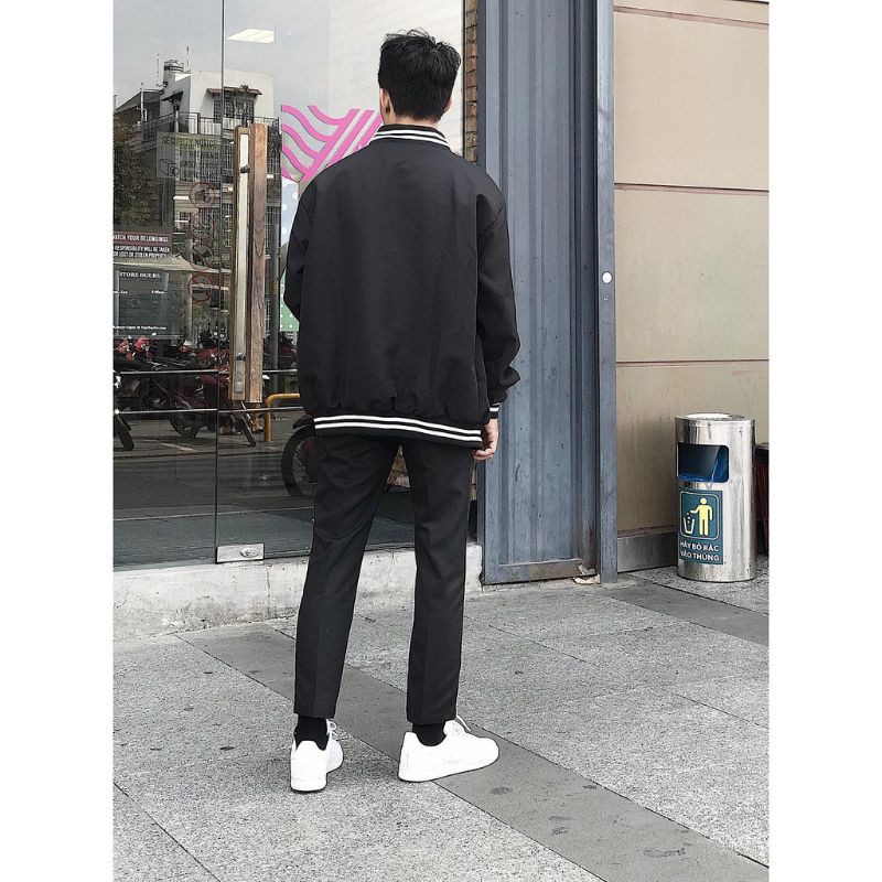 Áo khoác Bomber Dù Kaki 2 Lớp Jacket Bomber Basic Trắng Đen Phong Cách Streetwear Unisex Thời Trang Nam Nữ Áo Bóng Chày