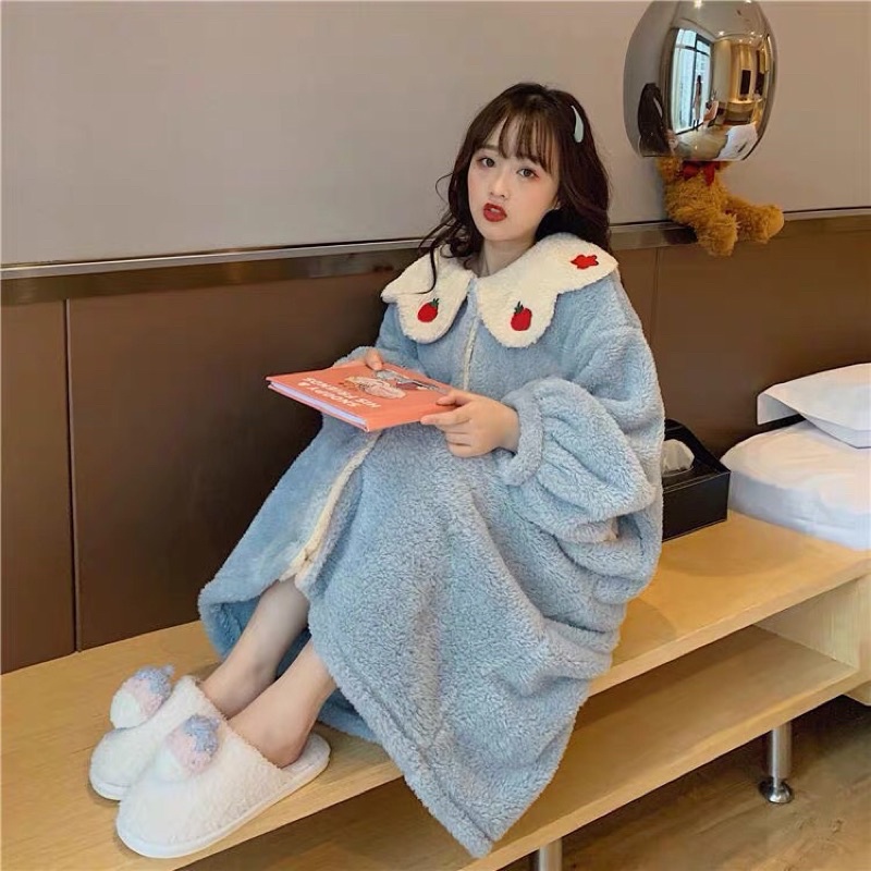 Váy ngủ mùa đông dài gần bằng mắt cá chân cực ấm và cute nha