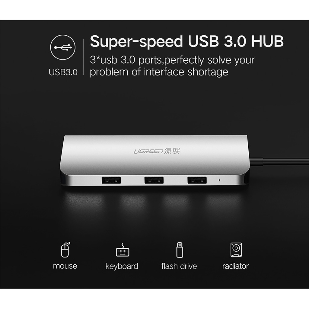 Bộ Chuyển USB Type-C ra HDMI + VGA + Lan + USB 3.0 + Card TF/SD + PD Charging Cao Cấp UGREEN 40873