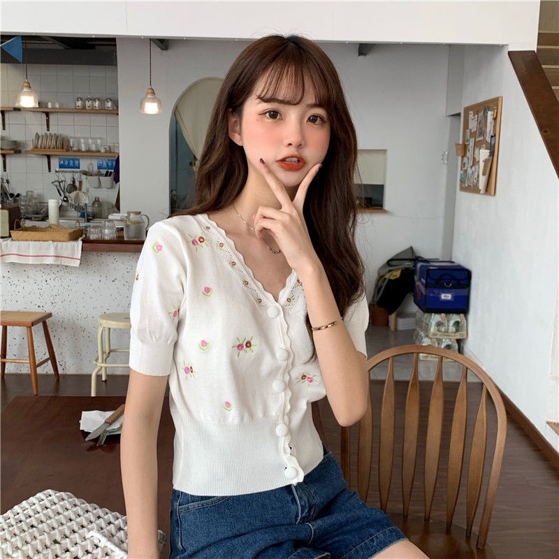 Áo Cardigan Dệt Kim Tay Ngắn Thêu Hoa Xinh Xắn  tao bao