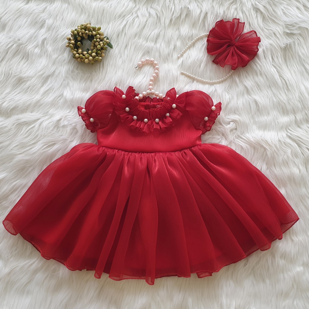 Váy Đầm Công chúa màu đỏ kết cườm cho bé gái