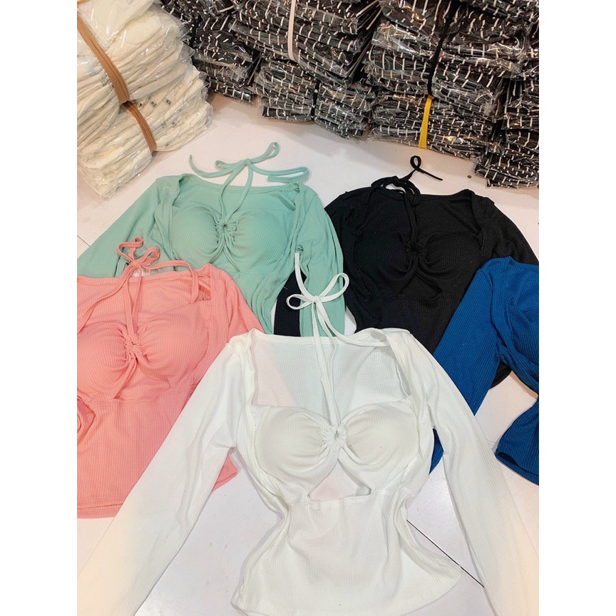 áo tay dài có mút khoét ngực cột dây cổ sexy chất gân đẹp lth