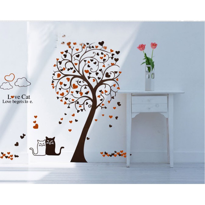 Decal trang trí tường Cây Trái Tim và Cặp Mèo đáng yêu Love Cat