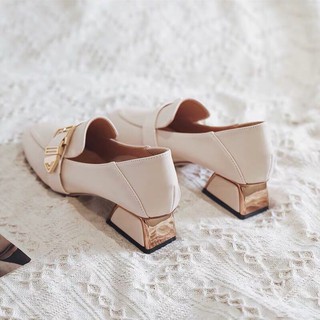 [SẴN 36/37] Giày Loafer da lì/da bóng gót lục giác tráng gương