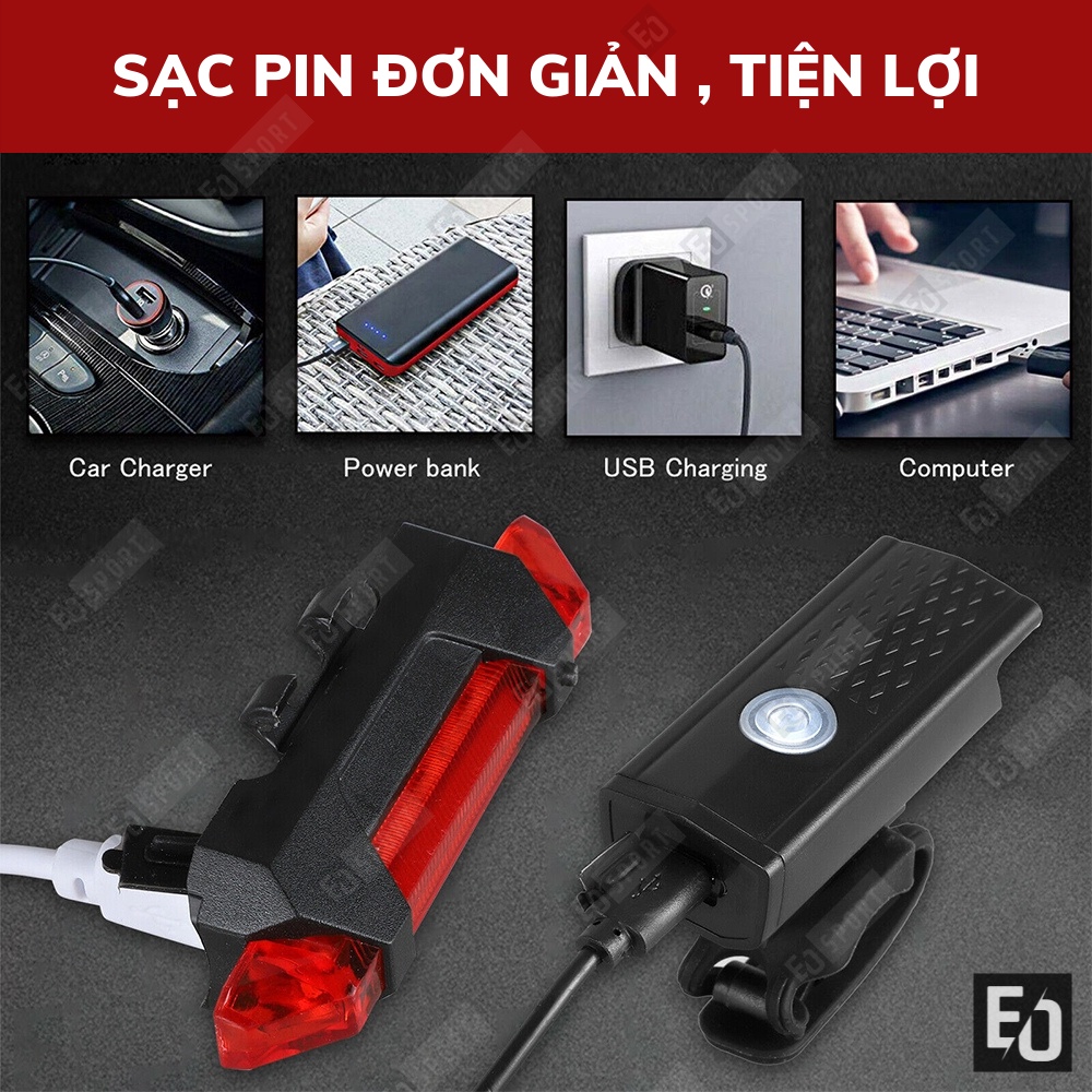Đèn xe đạp thể thao usb và đèn hậu sáng nhiều chế độ full hộp phụ kiện - EO.sportDZ