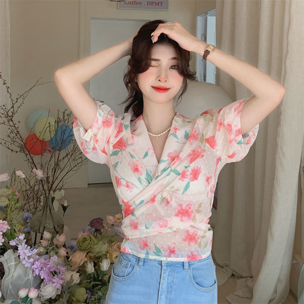 Áo Hoa Tay Ngắn Thắt Nút Chéo Phong Cách Hàn Quốc Trẻ Trung