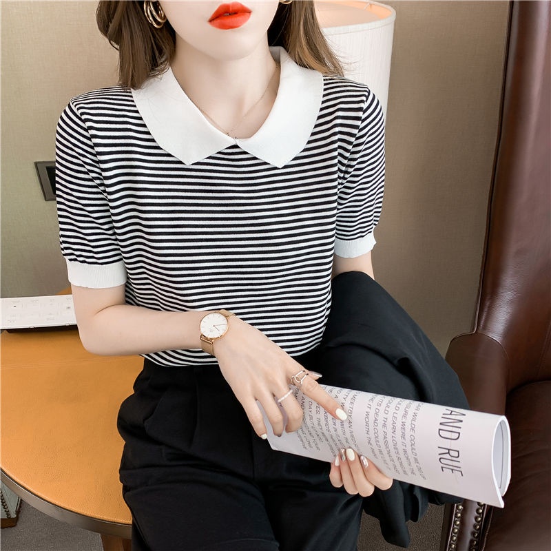Áo Dệt Kim Tay Ngắn Cổ Búp Bê Họa Tiết Kẻ Sọc Thời Trang Mùa Hè Cho Nữ