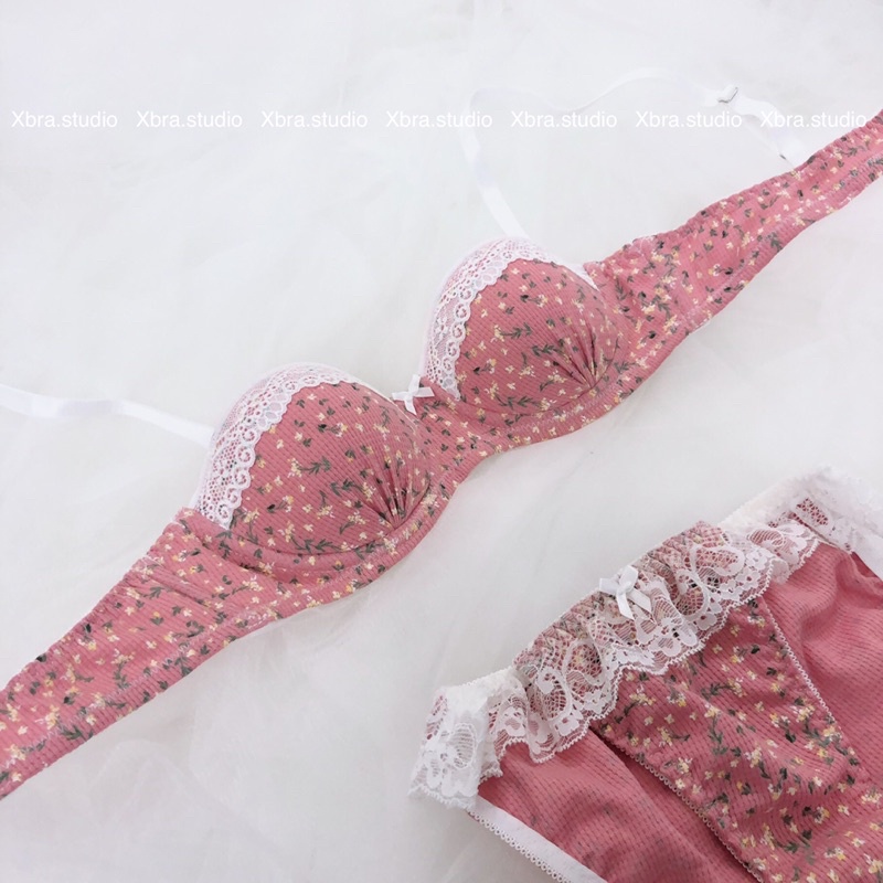 Set đồ lót áo cup ngang CÓ MÚT hoa nhí hồng đỗ phối ren | BigBuy360 - bigbuy360.vn