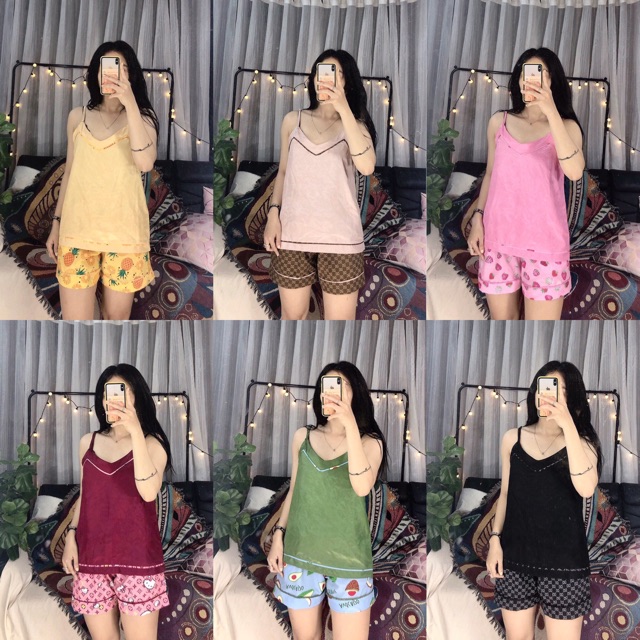 ( Freesize Dây ) Đồ Bộ Dây Lụa Phối Phi - Áo Dây Quần Đùi
