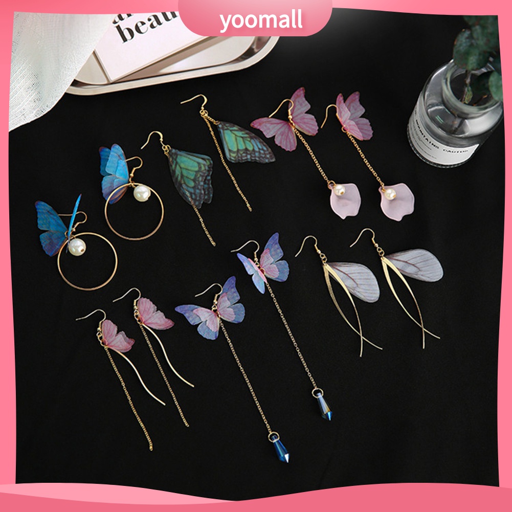 Yomall♡ Đôi Bông Tai Dáng Rơi Họa Tiết Cánh Bướm Đính Đá Thời Trang Cho Nữ