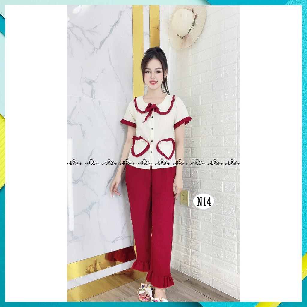 Set đồ ngủ tiểu thư phối bèo lụa xốp quần dài N14 - 1997Closet đồ bận đi ngủ