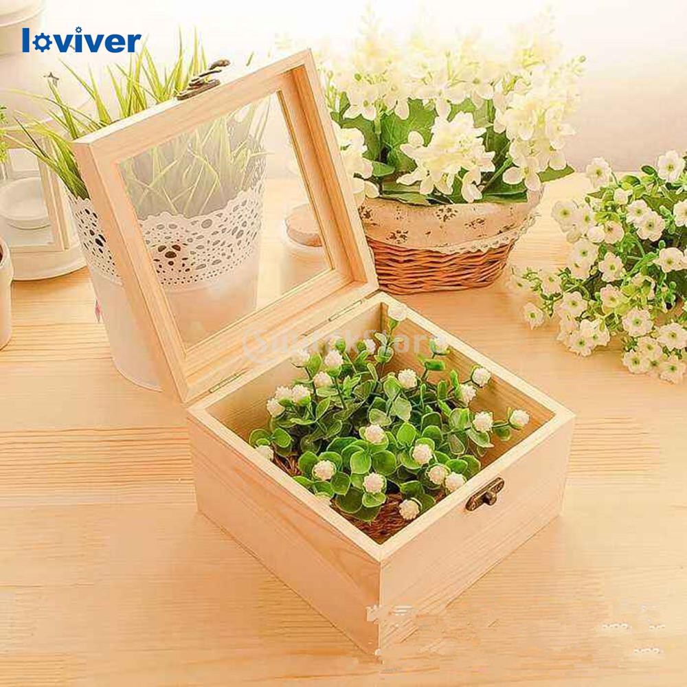 Hộp gỗ trơn tự nhiên Loviver Hộp đựng gỗ không sơn Nắp thủy tinh