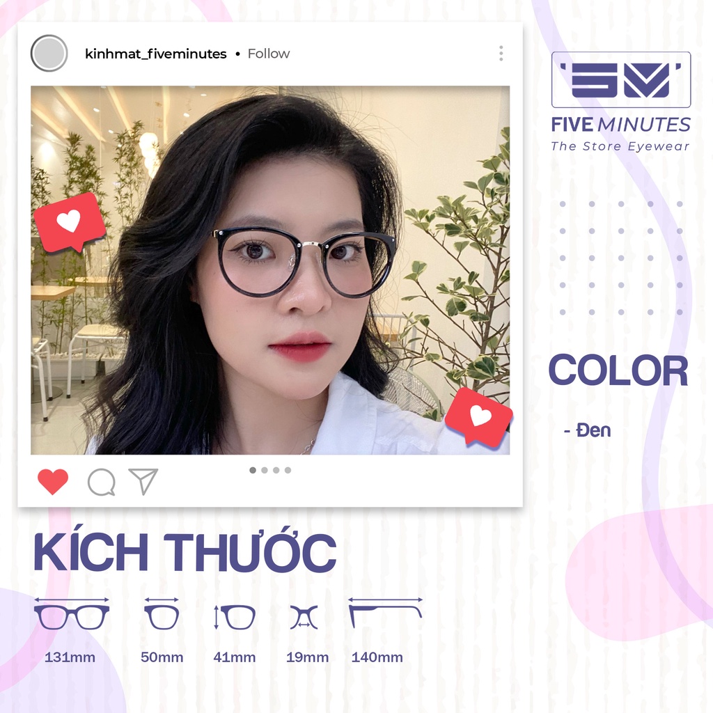 Gọng kính cận nữ, chất liệu kim loại mảnh kết hợp nhựa 6020 Fiveminutes dễ đeo